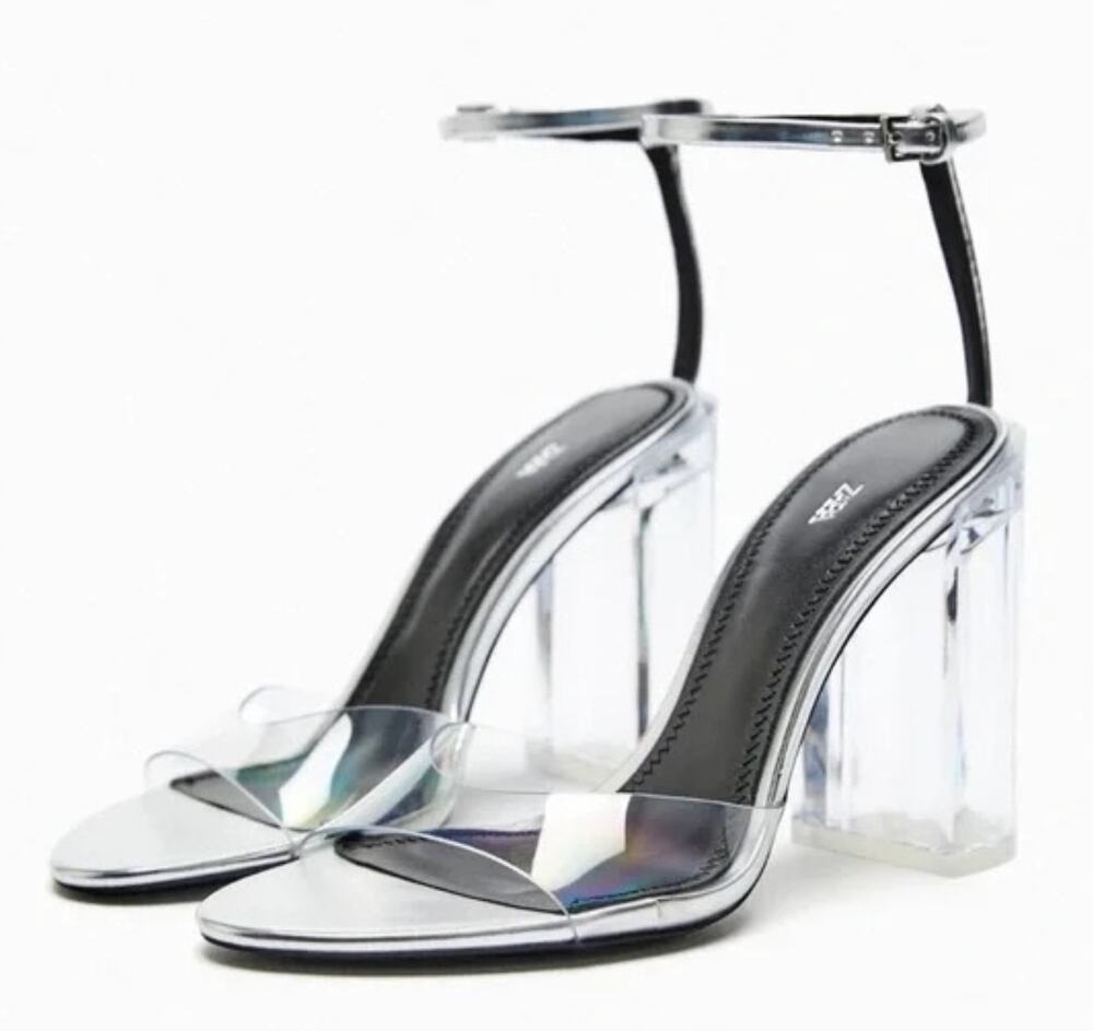 Zara Clear Vinyl Heels 10 40 Sandals Glam Cocktail Party Ankle Strap